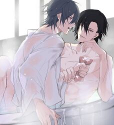 Rule 34 | 2boys, akira (togainu no chi), arm support, bathing, bathtub, black hair, commentary request, grey eyes, grey hair, looking at another, male focus, multiple boys, multiple scars, myosotis130, nude, open mouth, profile, red eyes, scar, see-through, see-through shirt, shared bathing, shiki (togainu no chi), shirt, short hair, sketch, smile, steam, togainu no chi, upper body, wet, wet clothes, wet hair, white shirt, yaoi