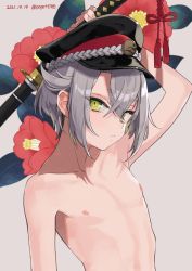 Rule 34 | 1boy, androgynous, arched back, arm up, beige background, black hat, closed mouth, collarbone, commentary request, commission, crossed bangs, dated, eyelashes, flower, green eyes, grey background, grey hair, hat, holding, holding sword, holding weapon, hotarumaru, looking at viewer, looking to the side, male focus, medium hair, military hat, nipples, potti-p, shadow, sheath, sheathed, short eyebrows, sidelocks, skeb commission, solo, sword, topless male, touken ranbu, twitter username, weapon