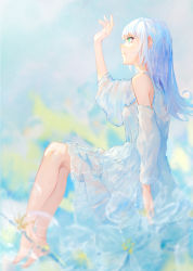 Rule 34 | 1girl, arm up, barefoot, blue hair, blurry, blurry background, blurry foreground, commentary request, depth of field, detached sleeves, dress, from side, green eyes, highres, kisei2, long hair, long sleeves, original, profile, puffy long sleeves, puffy sleeves, see-through, sitting, sleeveless, sleeveless dress, solo, white dress, white sleeves