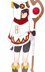 Rule 34 | 1girl, bike shorts, black footwear, black gloves, black hair, blush, boots, buckle, button eyes, buttons, cape, closed mouth, commentary, embarrassed, english commentary, feet out of frame, gloves, hair between eyes, highres, holding, holding staff, hood, hood up, kono subarashii sekai ni shukufuku wo!, light smile, looking away, megumin, red eyes, red scarf, scarf, simple background, solo, staff, standing, two-tone gloves, white background, white cape, white gloves, winter clothes, zoryc
