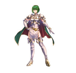 Rule 34 | 1girl, absurdres, armor, belt, black thighhighs, boots, breastplate, closed mouth, commentary request, dithorba (fire emblem), dress, elbow gloves, fire emblem, fire emblem: genealogy of the holy war, fire emblem heroes, full body, gloves, gold trim, green eyes, green hair, hand on own hip, high heels, highres, looking at viewer, nintendo, official art, serious, short dress, short hair, shoulder armor, simple background, sleeveless, solo, standing, thigh boots, thighhighs, thighs, turtleneck, white background, white dress, white footwear, white gloves, yoneko okome99, zettai ryouiki