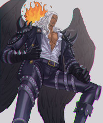Rule 34 | 1boy, abs, angel wings, asymmetrical hair, belt, black footwear, black gloves, black jacket, black pants, black wings, boots, braid, center frills, chromatic aberration, dark-skinned male, dark skin, facial tattoo, fire, frills, from below, gloves, grey hair, highres, jacket, king (one piece), leather, leather jacket, leather pants, lips, long hair, long sleeves, looking at viewer, looking down, male focus, manly, no mask, one piece, open clothes, open jacket, pants, parted lips, pectorals, purple eyes, shirt, shoulder spikes, side braid, single braid, solo, spiked gloves, spikes, spoilers, spread legs, stomach, tattoo, v-shaped eyebrows, white shirt, wings, youkan (tako)