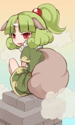 Rule 34 | 1girl, animal ears, bad id, bad pixiv id, child, emdo (norabbit), eyebrows, fang, green hair, horns, ikoma, looking back, oni, open mouth, original, ponytail, red eyes, single horn, sitting, solo, tail