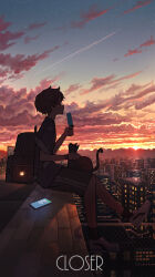 Rule 34 | 1boy, 1other, absurdres, animal, building, cat, cellphone, cloud, cloudy sky, food, full body, gradient sky, highres, original, pasoputi, phone, popsicle, rooftop, scenery, shoes, short hair, sitting, sky, sneakers, star (sky), starry sky, sunset, tagme