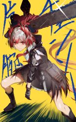 Rule 34 | 1girl, absurdres, animal ears, arknights, bird ears, bird girl, black footwear, black gloves, black jacket, black skirt, chainsaw, closed mouth, fiammetta (arknights), gloves, hair between eyes, highres, holding, holding weapon, huge weapon, jacket, red eyes, red hair, shirt, skirt, translation request, ukai all, weapon, white shirt, yellow background