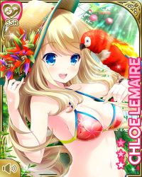 Rule 34 | 1girl, animal on arm, armpits, bikini, bikini top only, bird, bird on arm, blonde hair, blue eyes, breasts, character name, chloe lemaire, cleavage, day, floral print, flower, girlfriend (kari), hat, holding, holding clothes, holding hat, leaf, long hair, navel, open mouth, parrot, petals, qp:flapper, red bikini, smile, sun hat, swimsuit, tree