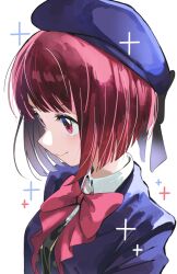 Rule 34 | 1girl, arima kana, beret, black ribbon, blue jacket, blunt bangs, bob cut, bow, commentary, from side, hat, hat bow, hat ribbon, highres, jacket, long sleeves, looking to the side, oshi no ko, red eyes, red hair, ribbon, school uniform, shion (1016 shio), shirt, short hair, smile, solo, upper body, white shirt, wing collar, youtou high school uniform