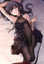 Rule 34 | 1girl, armpits, bare arms, bed sheet, black dress, black hair, black pantyhose, closed mouth, dress, highres, holding, holding leash, leash, long hair, looking at viewer, lying, nakamura rohane, no shoes, on back, original, pantyhose, pov, purple eyes, smile, solo, viewer on leash