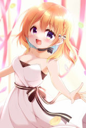 Rule 34 | 1girl, :d, bare arms, bare shoulders, black bow, blurry, blurry background, blush, bow, braid, breasts, brown hair, cleavage, collarbone, commentary request, depth of field, dress, gochuumon wa usagi desu ka?, hair between eyes, highres, hoto cocoa, kiyo (yamazoe1122), looking at viewer, medium breasts, open mouth, petals, purple eyes, red ribbon, ribbon, smile, solo, strapless, strapless dress, striped, striped bow, white dress
