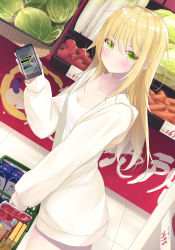 Rule 34 | 1girl, :t, blonde hair, blush, breasts, cabbage, carrot, cellphone, cleavage, closed mouth, collarbone, commentary request, dress, dutch angle, food, green eyes, hair between eyes, highres, holding, holding phone, hood, hood down, hooded jacket, indoors, jacket, long hair, long sleeves, looking at viewer, meat, milk carton, open clothes, open jacket, original, phone, pout, puffy long sleeves, puffy sleeves, sasahara wakaba, shop, shopping basket, sleeves past wrists, small breasts, solo, tomato, white dress, white jacket