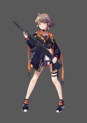 Rule 34 | 1girl, ahoge, assault rifle, bare legs, belt pouch, black choker, black jacket, black shirt, choker, crop top, earrings, full body, green eyes, grey background, grey hair, gun, highres, holding, holding gun, holding weapon, jacket, jewelry, leg belt, long sleeves, looking at viewer, midriff, mole, mole under eye, multicolored hair, open clothes, open jacket, original, panpanmeiyou hp, pouch, rifle, scope, shirt, shoes, short hair, short shorts, shorts, sidelocks, simple background, smile, solo, standing, two-tone hair, weapon, weapon request