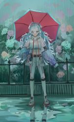 Rule 34 | 1girl, absurdres, crop top, cropped hoodie, dainillust, flower, full body, highres, holding, holding umbrella, hololive, hololive indonesia, hood, hoodie, jacket, kobo kanaeru, liquid hair, messy hair, midriff, puddle, rain, raincoat, reflection, see-through, see-through jacket, sleeves past fingers, sleeves past wrists, standing, umbrella, virtual youtuber, white hoodie