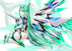 Rule 34 | 1girl, ass, breasts, earrings, female focus, gloves, green eyes, green hair, high heels, highres, jewelry, large breasts, long hair, matching hair/eyes, mechanical wings, pneuma (xenoblade), ponytail, solo, swept bangs, tiara, tim (a9243190a), very long hair, wings, xenoblade chronicles (series), xenoblade chronicles 2