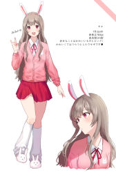 Rule 34 | 1girl, :d, animal ears, animal slippers, bad id, bad pixiv id, blush, brown hair, bunny slippers, cardigan, collared shirt, commentary, fingernails, fox shadow puppet, heart, kneehighs, kubong, long hair, long sleeves, loose socks, multiple views, neck ribbon, open mouth, original, pink cardigan, pleated skirt, rabbit ears, red eyes, red ribbon, red skirt, ribbon, shindan maker, shirt, skirt, slippers, smile, socks, standing, standing on one leg, symbol-only commentary, teeth, translation request, upper teeth only, very long hair, white background, white footwear, white shirt, white socks