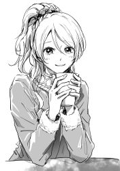 Rule 34 | 1girl, ayase eli, cable knit, cup, elbow rest, greyscale, hair between eyes, hair ornament, hair scrunchie, high ponytail, highres, holding, holding cup, knit sweater, long sleeves, looking at viewer, love live!, monochrome, saitou shiori (pixiv14549321), scrunchie, sketch, smile, solo, sweater, white background