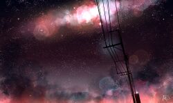 Rule 34 | absurdres, chinese commentary, commentary, highres, light particles, no humans, original, outdoors, power lines, rune xiao, signature, sky, star (sky), star (symbol), starry sky, still life, utility pole