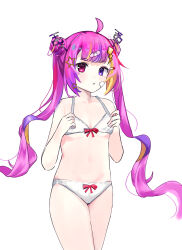 Rule 34 | 1girl, absurdres, ahoge, bandaid, bandaid on face, belly, blush, blush stickers, bra, breasts, commission, heterochromia, highres, hiromitwo, idol corp, looking at viewer, multicolored hair, navel, panties, pink eyes, pink hair, purple eyes, ribbon, riro ron, simple background, small breasts, star (symbol), twintails, underwear, underwear only, virtual youtuber, white background, white bra, white panties