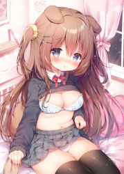 Rule 34 | 1girl, animal ears, artist name, black legwear, black sweater, blue eyes, blush, bra, breasts, brown hair, cleavage, clothes lift, collared shirt, commentary request, commission, curtains, dog ears, dog girl, grey skirt, hair between eyes, hair ornament, hair scrunchie, highres, holding hands, indoors, lifting own clothes, long hair, looking at viewer, medium breasts, miniskirt, momozu komamochi, navel, on bed, original, panties, parted lips, plaid, plaid skirt, pleated skirt, scrunchie, shirt, sitting, skeb commission, skirt, skirt lift, solo focus, stomach, sweater, sweater lift, two side up, underwear, white bra, white panties, window