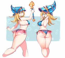 Rule 34 | 1girl, alternate costume, ass, bikini, blonde hair, blue eyes, blue hat, breasts, curvy, dark magician girl, duel monster, hat, highres, kenron toqueen, large breasts, medium hair, solo, staff, swimsuit, thick thighs, thighs, wand, wizard hat, yu-gi-oh!