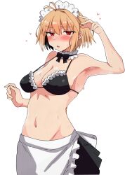 1girl absurdres ahoge antenna_hair apron arcueid_brunestud armpits bikini black_bikini blonde_hair blush breasts cleavage frilled_apron frilled_bikini frills highres looking_at_viewer maid maid_apron maid_bikini maid_headdress maz_515 medium_breasts navel open_mouth red_eyes short_hair simple_background skirt solo swimsuit tsukihime unconventional_maid waist_apron white_apron white_background