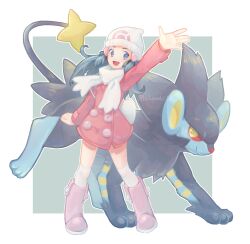 Rule 34 | 1girl, :d, arm up, beanie, black hair, blue eyes, boots, border, buttons, clenched hand, closed mouth, coat, colored sclera, commentary request, creatures (company), dawn (pokemon), game freak, gen 4 pokemon, hair ornament, hairclip, hat, legs apart, long hair, long sleeves, luxray, nintendo, open mouth, over-kneehighs, pink footwear, pokemon, pokemon (creature), pokemon dppt, pokemon platinum, red sclera, s (happycolor 329), scarf, smile, thighhighs, tongue, twitter username, watermark, white border, white headwear, white scarf, winter clothes, yellow eyes