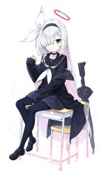 Rule 34 | 1girl, plana (blue archive), blue archive, blunt bangs, blush, braid, chair, closed mouth, desk, full body, grey eyes, grey hair, hair over one eye, halo, headband, highres, juna, long hair, looking at viewer, pantyhose, school desk, school uniform, shoes, side braid, simple background, sitting, solo, umbrella, white background