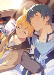 Rule 34 | 2boys, bag, bass clef, black collar, blonde hair, blue hair, blue scarf, cardigan, coat, collar, commentary, closed eyes, kagamine len, kaito (vocaloid), leaning on person, leaning to the side, male focus, multiple boys, necktie, parted lips, sailor collar, scarf, shirt, sidelighting, sinaooo, sleeping, spiked hair, symbol-only commentary, upper body, vehicle interior, vocaloid, white coat, white shirt, yellow neckwear