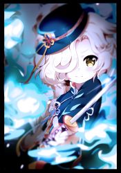 Rule 34 | 10s, 1boy, black hat, blonde hair, blush, closed mouth, gokotai, hair over one eye, hat, holding, holding sword, holding weapon, looking at viewer, male focus, short hair, shu (pjxv7485), smile, solo, sword, touken ranbu, weapon, yellow eyes