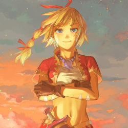 Rule 34 | 1girl, bandages, blonde hair, blue eyes, breasts, chrono cross, closed mouth, cloud, crop top, facial mark, gloves, high ponytail, highres, jewelry, kid (chrono cross), knife, long hair, looking at viewer, machibari2, midriff, multi-tied hair, navel, necklace, ponytail, smile, solo, vest