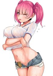 Rule 34 | 1girl, clothes lift, commission, drawing, dripping, gym shirt, highres, looking at viewer, navel, nico-mo, one eye closed, original, pink hair, purple eyes, see-through, shirt, shirt lift, short shorts, short sleeves, short twintails, shorts, simple background, smile, stomach, thighhighs, tongue, tongue out, twintails, wet, wet clothes, wet hair, wet shirt, white background
