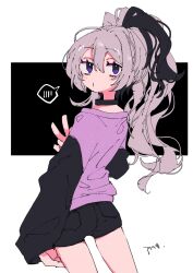Rule 34 | 1girl, 3774., black background, black collar, black hair, black shorts, black sleeves, collar, commentary, contrapposto, cowboy shot, flower (vocaloid), flower (vocaloid3), from behind, grey hair, hand up, high ponytail, highres, light blush, long hair, looking at viewer, looking back, multicolored hair, purple eyes, purple shirt, rectangle, shirt, short shorts, shorts, signature, solo, spoken blush, streaked hair, two-tone background, v, vocaloid, wavy hair, white background