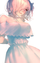 Rule 34 | 1girl, :d, arms behind back, bare shoulders, breasts, choker, dress, fate/grand order, fate (series), flower, hair between eyes, hair flower, hair ornament, hair over one eye, lace, lace-trimmed dress, lace trim, mash kyrielight, mash kyrielight (formal dress), mebaru, medium breasts, off-shoulder dress, off shoulder, official alternate costume, open mouth, pink hair, purple eyes, short hair, simple background, smile, solo, white background, white choker, white dress
