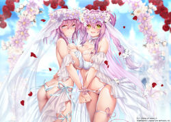 Rule 34 | 2girls, :d, arm ribbon, armlet, ass, asymmetrical docking, bangle, bare shoulders, blush, bracelet, braid, breast press, breasts, butt crack, choker, collarbone, day, detached sleeves, flower, frilled panties, frills, gem, gold, green eyes, hair ornament, hair ribbon, highres, holding hands, jewelry, leg ribbon, long hair, looking at viewer, medium breasts, multiple braids, multiple girls, obiwan, official art, open mouth, panties, pearl (gemstone), puffy short sleeves, puffy sleeves, purple eyes, purple hair, ribbon, see-through, shell hair ornament, short hair, short sleeves, side-tie panties, sidelocks, smile, thigh ribbon, two side up, underwear, veil, very long hair, watermark, white panties, z/x