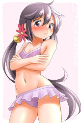 Rule 34 | 1girl, akebono (kancolle), akebono kai ni (kancolle), bell, bikini, bikini skirt, breasts, crossed arms, flower, groin, hair bell, hair flower, hair ornament, jingle bell, kantai collection, long hair, one-hour drawing challenge, pink bikini, purple eyes, purple hair, ray.s, side ponytail, small breasts, solo, standing, swimsuit, very long hair