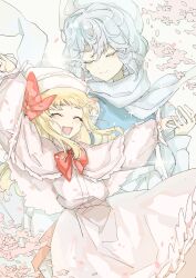 Rule 34 | 2girls, absurdres, blonde hair, blue vest, capelet, cherry blossoms, closed eyes, closed mouth, dress, hair between eyes, hat, highres, letty whiterock, lily white, long hair, long sleeves, multiple girls, open clothes, open mouth, petals, scarf, short hair, smile, suzukawakatsuki, touhou, vest, white capelet, white dress, white hair, white headwear, white scarf