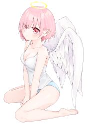 Rule 34 | 1girl, absurdres, angel, angel wings, bare arms, bare legs, bare shoulders, barefoot, blue panties, blush, breasts, camisole, cleavage, closed mouth, collarbone, commentary request, eyes visible through hair, feathered wings, full body, hair between eyes, halo, highres, hijouguti, original, panties, pink hair, red eyes, short hair, simple background, sitting, small breasts, solo, underwear, wariza, white background, white camisole, white wings, wings