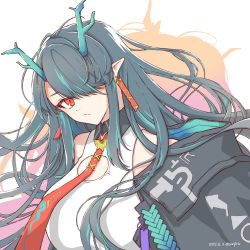 Rule 34 | 1girl, arknights, bare shoulders, black collar, black hair, black jacket, bonjirix, cleavage cutout, clothing cutout, collar, dragon horns, dusk (arknights), earrings, green hair, hair over one eye, highres, horns, jacket, jewelry, looking at viewer, multicolored hair, necktie, off shoulder, one eye covered, open clothes, open jacket, pointy ears, red eyes, red necktie, simple background, solo, streaked hair, tassel, tassel earrings, upper body, white background