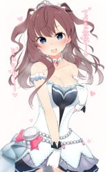 Rule 34 | 10s, 1girl, :3, bad id, bad pixiv id, bare shoulders, bead bracelet, beads, blue eyes, blush, bracelet, breasts, brown hair, cleavage, covering privates, covering crotch, detached collar, earrings, gloves, heart, heart-shaped pupils, heavy breathing, ichinose shiki, idolmaster, idolmaster cinderella girls, idolmaster cinderella girls starlight stage, jewelry, large breasts, long hair, looking at viewer, nekoume, open mouth, pocket watch, simple background, smile, solo, symbol-shaped pupils, text focus, tiara, translation request, two side up, watch, white background, white gloves