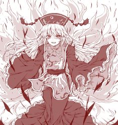 Rule 34 | 1girl, angry, aura, breasts, chinese clothes, commentary request, energy, fox print, fox tail, full body, highres, junko (touhou), long hair, looking at viewer, lower teeth only, monochrome, multiple tails, neckwear request, open mouth, phoenix crown, ribbon-trimmed sleeves, ribbon trim, sash, simple background, slit pupils, solo, standing, tabard, tail, tamasan, tassel, teeth, touhou, v-shaped eyebrows, white background, wide sleeves
