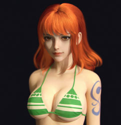 Rule 34 | 1girl, arms at sides, bikini, breasts, brown eyes, cleavage, collarbone, green bikini, highres, large breasts, long hair, looking at viewer, nami (one piece), one piece, orange hair, pirate, shadow, shousizhe, simple background, solo, standing, swimsuit, tattoo, underboob, upper body