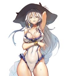 Rule 34 | 10s, 1girl, animal ears, arm behind head, arm up, armpits, azuki (azuki-taste), bracelet, braid, casual one-piece swimsuit, collarbone, contrapposto, covered navel, cowboy shot, erune, frilled swimsuit, frills, granblue fantasy, hat, heles, heles (summer) (granblue fantasy), highres, jewelry, long hair, looking at viewer, low-braided long hair, low-tied long hair, one-piece swimsuit, simple background, single braid, solo, standing, sweat, swimsuit, very long hair, wet, white background, white hair, yellow eyes