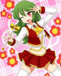 Rule 34 | 1girl, adapted costume, ascot, bad id, bad pixiv id, brooch, female focus, flower, green hair, jewelry, kazami yuuka, long hair, m/, magical girl, midriff, navel, one eye closed, pink background, plaid, plaid background, plaid skirt, plaid vest, red eyes, skirt, skirt set, smile, solo, thighhighs, touhou, unadare, vest, w, wand, white thighhighs, wink