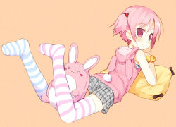 Rule 34 | 1girl, animal hood, feet, female focus, full body, hood, looking back, lying, meito (maze), original, pillow, pink eyes, pink hair, rabbit hood, rabbit tail, short hair, short twintails, shorts, simple background, solo, striped clothes, striped thighhighs, stuffed animal, stuffed rabbit, stuffed toy, thighhighs, twintails