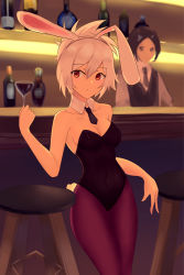 Rule 34 | 1girl, animal ears, bare shoulders, battle bunny riven, breasts, rabbit ears, rabbit tail, cleavage, cowboy shot, detached collar, drink, fake animal ears, hairband, highres, league of legends, lips, medium breasts, necktie, pantyhose, playboy bunny, ponytail, red eyes, riven (league of legends), silver hair, standing, stool, tail, thighs