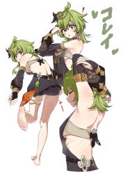 Rule 34 | !, 1girl, armpits, arms up, back cutout, backless dress, backless outfit, bare shoulders, blush, bra, breasts, clothing cutout, collei (genshin impact), detached sleeves, dress, feet, from behind, from side, genshin impact, green hair, highres, medium breasts, open clothes, revealing clothes, sleeveless, sleeveless dress, solo, stretching, teeth, toes, underboob, underwear, yuu ringo