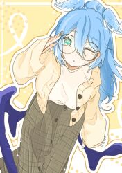 Rule 34 | 1girl, blue hair, blue nails, blue wings, brown skirt, buttons, checkered clothes, checkered skirt, collar, commentary, elira pendora, elira pendora (3rd costume), frilled collar, frills, glasses, green eyes, head wings, high ponytail, highres, long skirt, long sleeves, nijisanji, nijisanji en, official alternate costume, one eye closed, round eyewear, shirt tucked in, skirt, solo, sweater, symbol-only commentary, touru (eo 052605), virtual youtuber, white sweater, wings