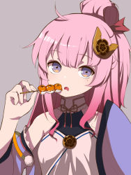 Rule 34 | 1girl, bare shoulders, breasts, commentary request, dango, detached sleeves, dress, drooling, eating, food, grey background, hair bun, hair ornament, hanasaki, hand up, haori, highres, holding, holding food, indie virtual youtuber, japanese clothes, long hair, looking at viewer, mitarashi dango, mole, mole under eye, mouth drool, obi, oda nobuhime, open mouth, pink hair, purple eyes, ribbon-trimmed dress, sash, sidelocks, simple background, single hair bun, skewer, sleeveless, sleeveless dress, small breasts, solo, tagme, upper body, virtual youtuber, wagashi, wide sleeves