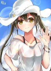 Rule 34 | 1girl, alternate costume, bare shoulders, blue sky, bracelet, breasts, collarbone, dated, day, flower, green eyes, green hair, hair between eyes, hand on own hip, hat, hat flower, highres, jewelry, kantai collection, long hair, looking at viewer, off-shoulder shirt, off shoulder, shirt, short sleeves, shun (syun y1117), sky, small breasts, smile, solo, upper body, white hat, zuikaku (kancolle)