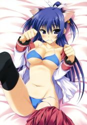 Rule 34 | 1girl, absurdres, animal ears, bare shoulders, bell, bikini, blue bikini, blue eyes, blue hair, blush, breasts, cameltoe, cat ears, cat girl, cleavage, collarbone, dengeki hime, female focus, hair ribbon, highres, inuzumi masaki, large breasts, leg up, legs, long hair, looking at viewer, lying, matching hair/eyes, mouth hold, navel, official art, open clothes, open shirt, paw pose, ponytail, ribbon, saotome rinko, school uniform, shirt, side-tie bikini bottom, skirt, skirt around one leg, solo, swimsuit, thighhighs, trouble@spiral!, underboob, uniform, untied, wet
