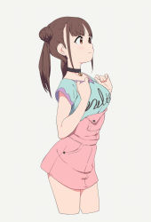 Rule 34 | 1girl, black choker, blunt bangs, brown hair, choker, closed mouth, clothes writing, contrapposto, cowboy shot, cropped legs, double bun, from side, frown, grey background, hair bun, hands up, idolmaster, idolmaster shiny colors, jewelry, long hair, looking away, overall skirt, overalls, parted bangs, pendant, profile, red eyes, short sleeves, sidelocks, simple background, sohin, solo, sonoda chiyoko, tareme, v-shaped eyebrows